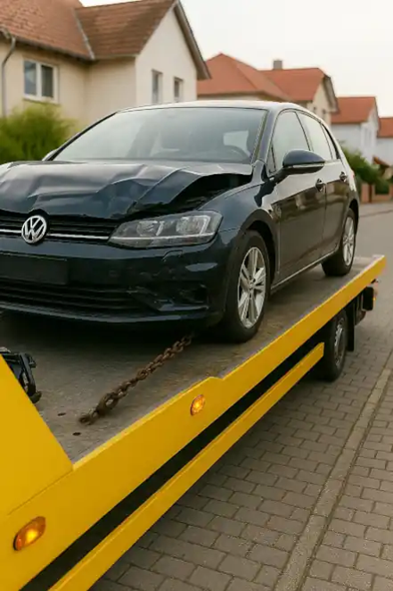 Ein defektes Auto wird professionell zum Autoankauf in Ahrensburg abgeschleppt, um seinen Wert zu bestimmen.
