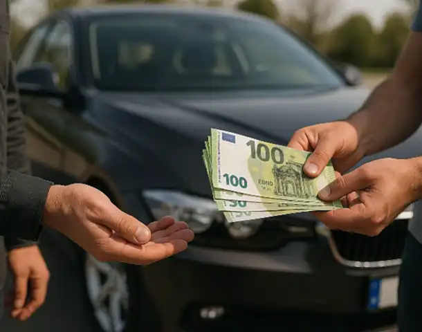 Ein zufriedener Kunde erhält Bargeld beim Autoankauf in Ahrensburg für sein Fahrzeug.